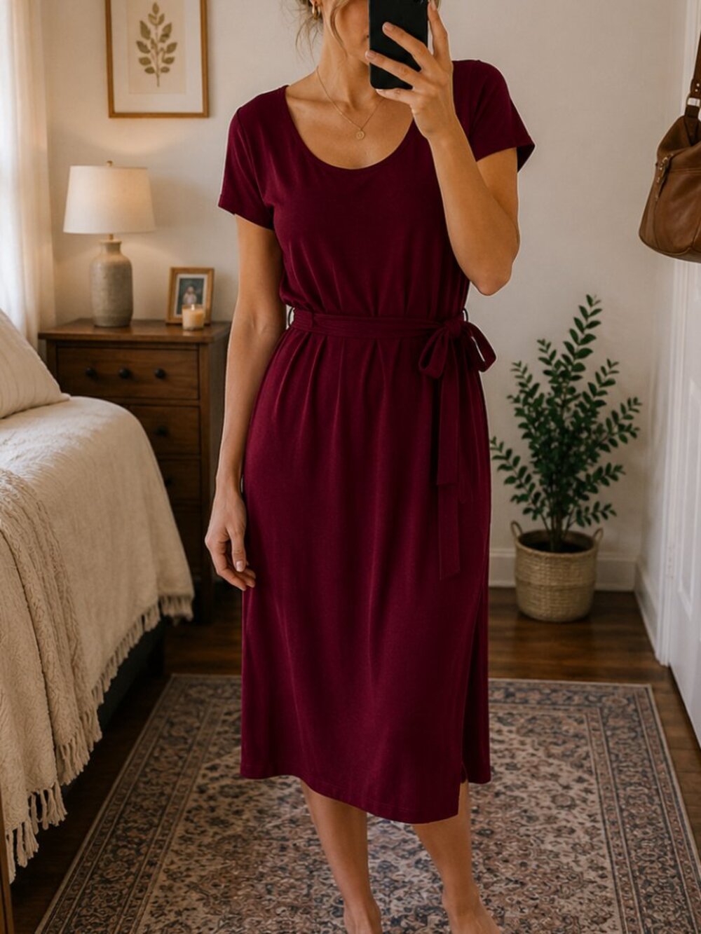 Peruvian Connection Dress L Red Modal Knit Midi Belted Pockets Short Sleeve NWT
